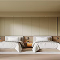 Modern Hotel Guest Room With Twin Beds Beige Panel Walls Nightstands And Recessed Lighting