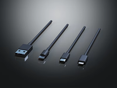 Black Mobile Device Cables With Multiple Connectors For Charging And Data Transfer 3d model