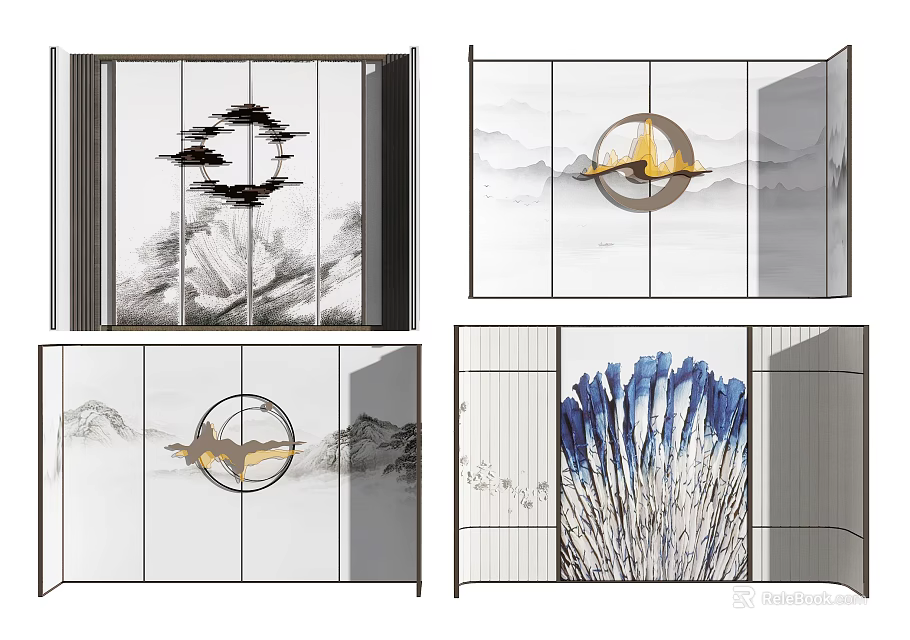 Chinese Style Sofa Backdrop Wall with Decorative Screen Landscape Painting and Pine Tree Elements 3d model