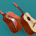 Two Wooden Acoustic Guitars With Natural Wood Grain Finish On Teal Background