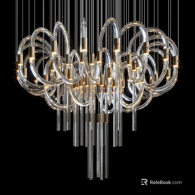 Modern Transparent Ring Chandelier With Metal Elements And Illuminated Long Tubes 3d model 