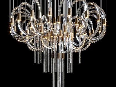 Modern Transparent Ring Chandelier With Metal Elements And Illuminated Long Tubes 3d model
