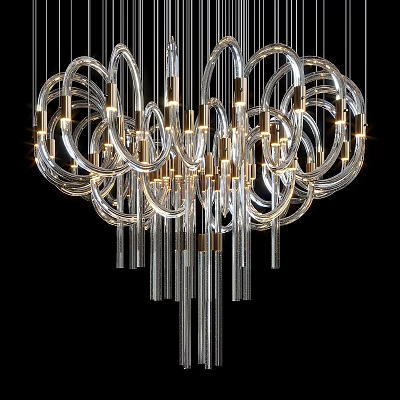 Modern Transparent Ring Chandelier With Metal Elements And Illuminated Long Tubes 3d model