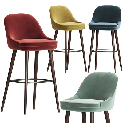 Multi Colored Velvet Upholstered Bar Stools With Modern Design And Dark Wooden Legs 3d model