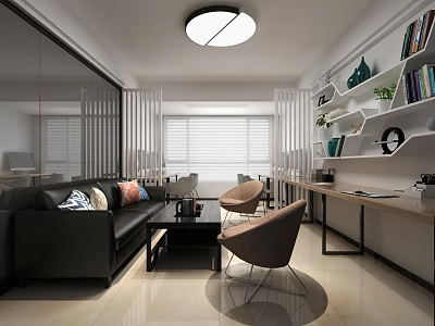 Modern Lounge Area Interior With Black Sofa Brown Chairs Coffee Table And Bookshelves 3d model