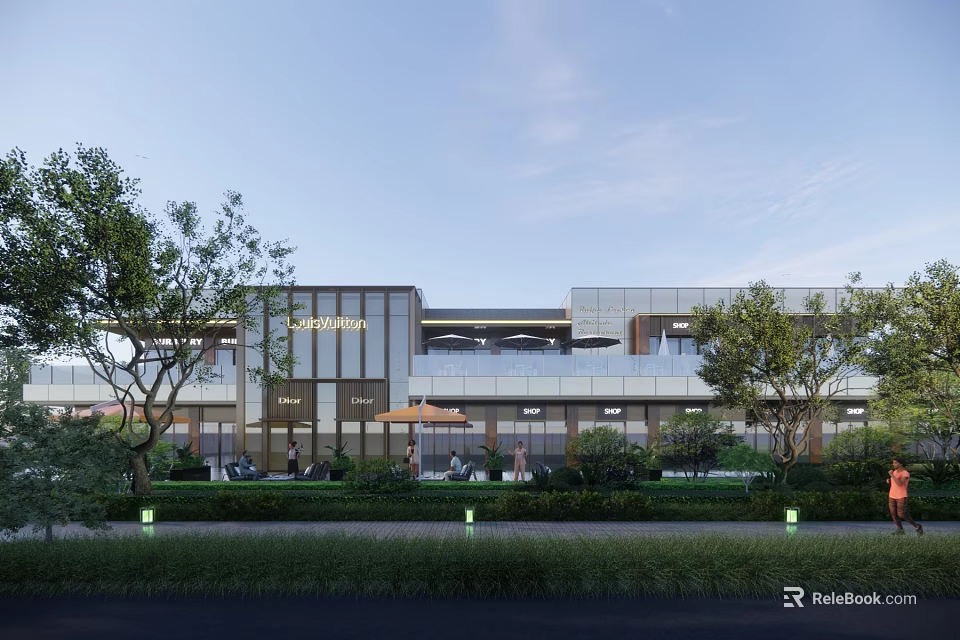 Modern Commercial Building Exterior Landscape With Glass Facade Greenery And Trees 3d model 