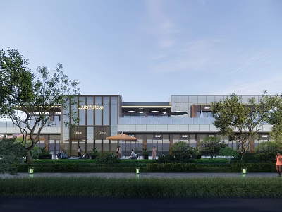 Modern Commercial Building Exterior Landscape With Glass Facade Greenery And Trees 3d model