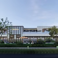 Modern Commercial Building Exterior Landscape With Glass Facade Greenery And Trees