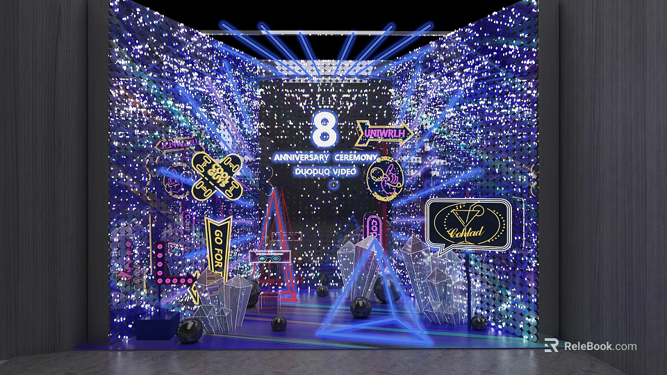 8th Anniversary Celebration Shining Night With Sparkling Decorations And Neon Lighting 3d model 