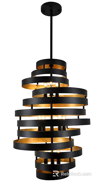 Modern Multi Layer Circular Chandelier With Black Frame And Gold Inner Rings 3d model 