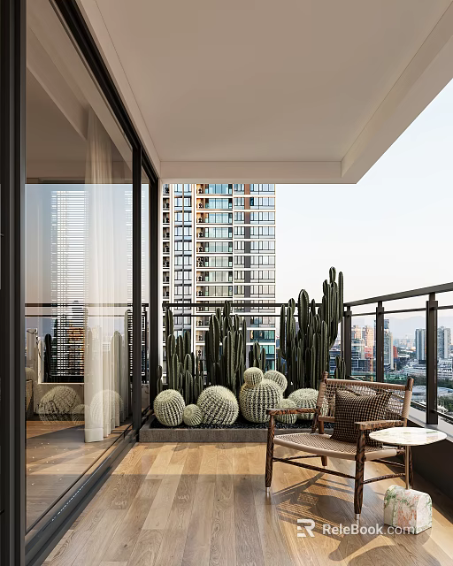 Cozy Home Balcony With Tall Cacti Round Succulents Wicker Furniture And City High Rise View 3d model 