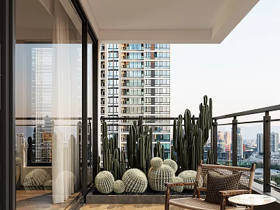 Cozy Home Balcony With Tall Cacti Round Succulents Wicker Furniture And City High Rise View 3d model
