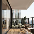 Cozy Home Balcony With Tall Cacti Round Succulents Wicker Furniture And City High Rise View
