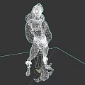 Female Muscular Game Movie Character In Leather Corset With Axe Standing On Stone Platform
