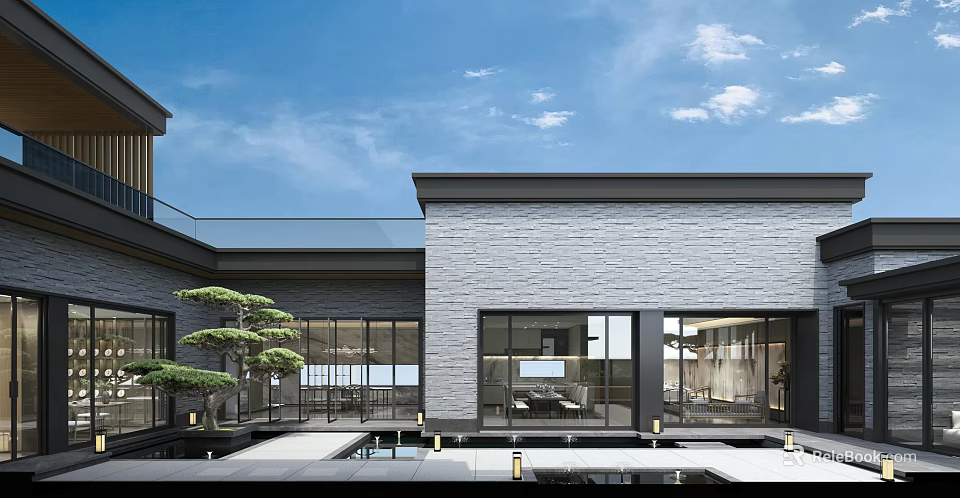 Modern Garden Landscape Featuring Courtyard Water Pool Pine Trees And Modern Architecture Facade 3d model