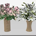 Two Woven Vases Holding Pink Roses and White Lilies with Green Leaves
