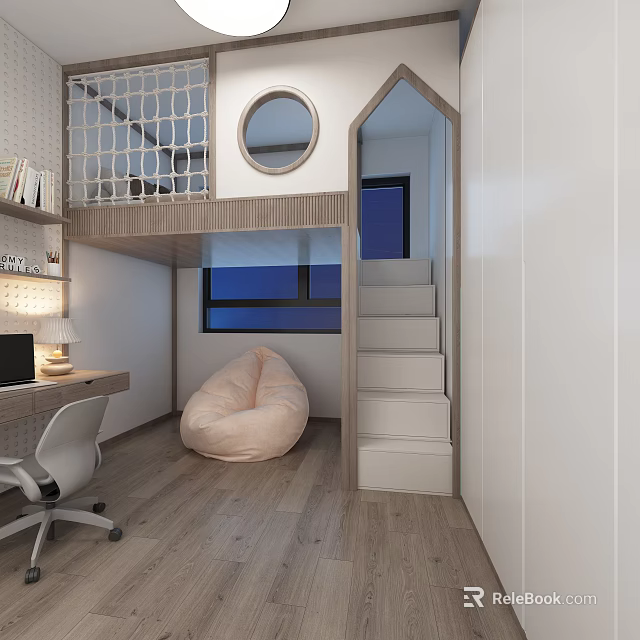 Bright Kids Room Interior With Loft Bed Study Desk Bean Bag Chair And Wooden Stairs 3d model 