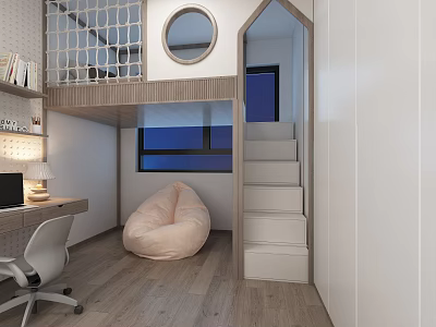 Bright Kids Room Interior With Loft Bed Study Desk Bean Bag Chair And Wooden Stairs 3d model