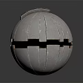 Silver Metallic Spherical Device With Striped Surface Top Component Red Dot And Bottom Opening 3d model