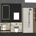 Modern Bathroom Interior With Marble Countertop Large Mirror Toilet Shower Area And Wooden Shelves