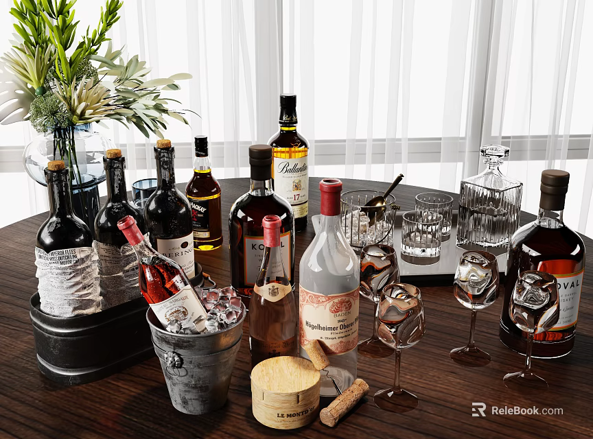 Assorted Wine Bottles and Glasses with Ice Bucket Cork on Wooden Dining Table Setup 3d model 