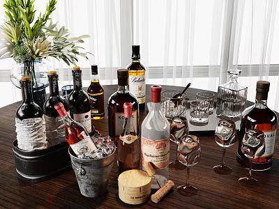 Assorted Wine Bottles and Glasses with Ice Bucket Cork on Wooden Dining Table Setup 3d model