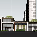 Modern Sales Office Building Exterior With Greenery And High Rise Buildings Around