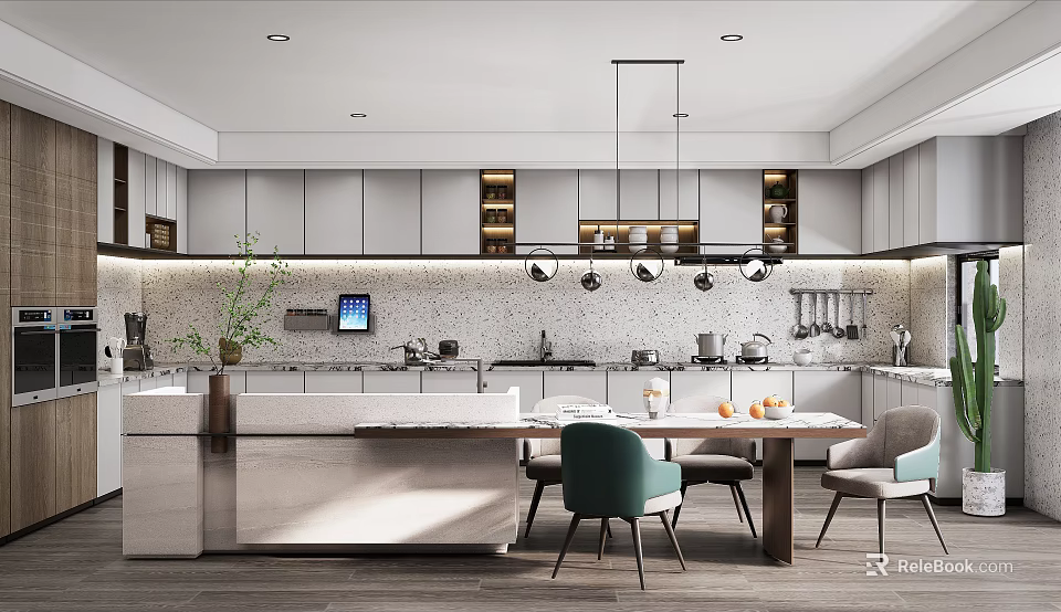 Modern Kitchen Interior With Island Counter White Cabinets Dining Table And Teal Chairs 3d model