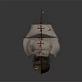 Historical Sailing Ship With Red Cross Flags And Spanish Flags On Wooden Hull