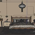 Modern Bedroom Interior Design With Wooden Bed Hanging Lamp Side Table And Soft Rug