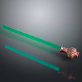 Green Enchanted Sword With Golden Decorated Hilt And Shiny Reflective Blade Against Dark Background