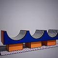 Modern Public Chair Featuring Orange Tabletop Purple Pillar Blue Sphere And Black White Stripes