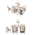 Modern Minimalist Dining Table Set With 4 Chairs Tableware And Flower Vase Decoration 3d model
