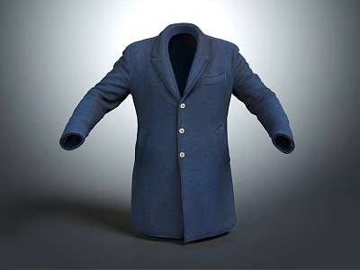 Blue Long Coat With Single Breasted Design And Three Buttons On Grey Background 3d model