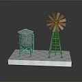 Vintage Red Silver Metal Water Tower And Windmill Models On Checkered Platform