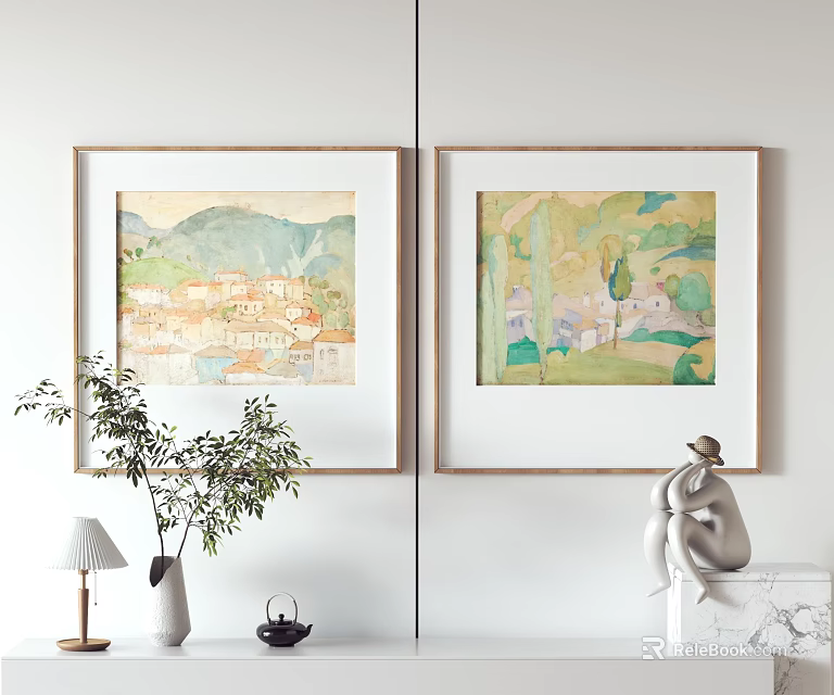 Two Framed Landscape Paintings Hanging On White Wall With Potted Plant Lamp And Sculpture Decor 3d model 