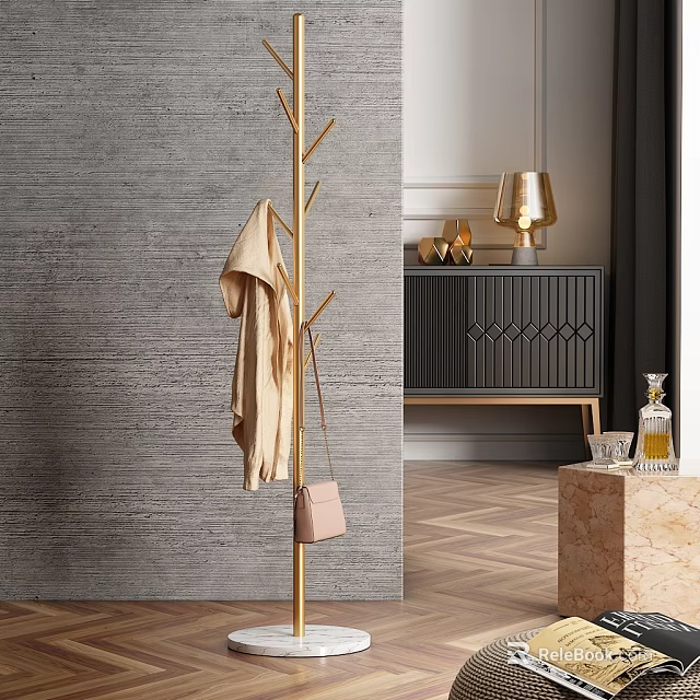 Modern Stylish Coat Rack With Beige Coat And Purse In Elegant Living Room 3d model 