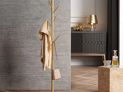 Modern Stylish Coat Rack With Beige Coat And Purse In Elegant Living Room 3d model