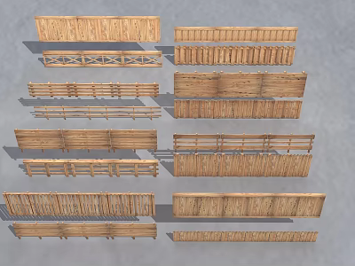 Various Styles of Wooden Fences with Rustic Design and Different Patterns 3d model
