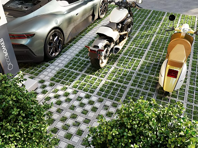 Efficient Parking Lot With Sports Car Motorcycle Scooter On Grid Patterned Pavement And Surrounding Bushes 3d model