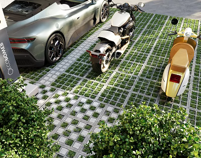 Efficient Parking Lot With Sports Car Motorcycle Scooter On Grid Patterned Pavement And Surrounding Bushes 3d model