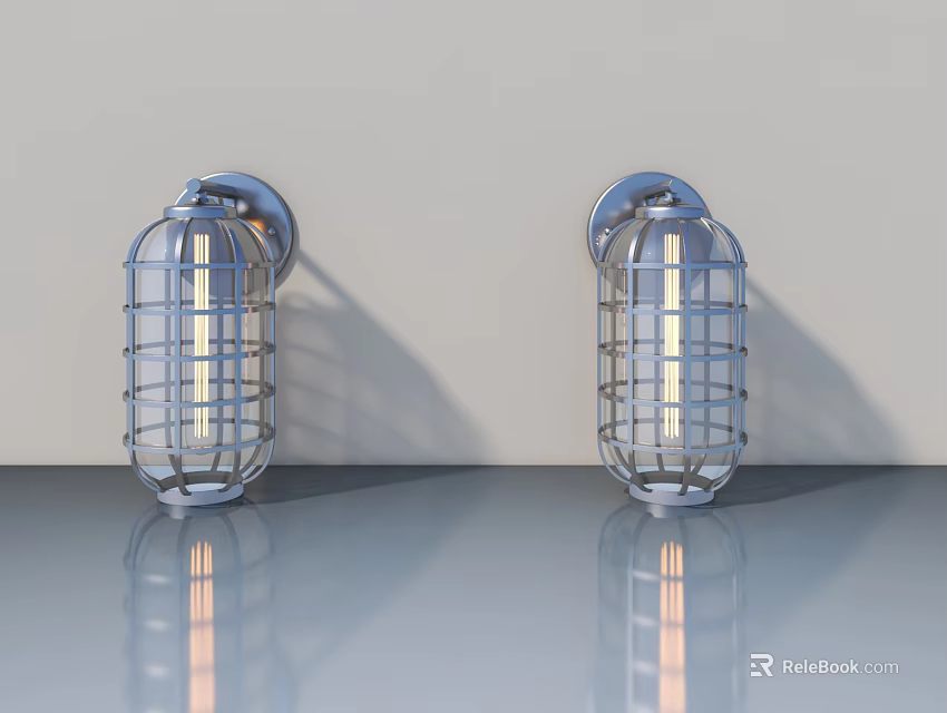 Swing Door With Metal Cage Wall Lights On Light Colored Wall And Reflective Countertop 3d model 