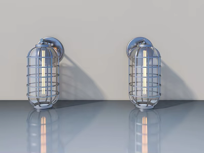 Swing Door With Metal Cage Wall Lights On Light Colored Wall And Reflective Countertop 3d model