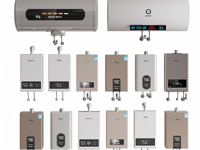 Modern Home Use Electric and Gas Water Heaters with Sleek Design and Multiple Sizes 3d model