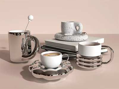 Modern Silver Mugs and Speckled Cups with Coffee on Tray and Stacked Books 3d model
