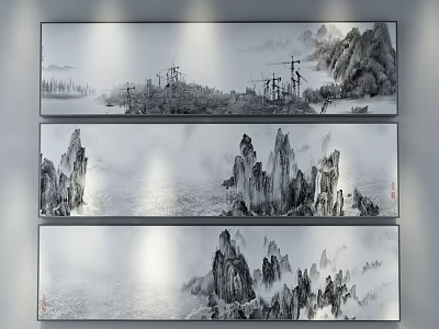 Traditional Chinese Ink Wash Triptych Landscape Painting With Misty Mountain Peaks And Calm Water 3d model