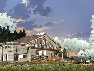 Wooden House With Large Windows And Wooden Exterior Surrounded By Trees In Sunset Sky 3d model