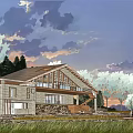 Wooden House With Large Windows And Wooden Exterior Surrounded By Trees In Sunset Sky