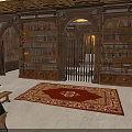 Vintage Library Interior With Wooden Bookshelves Arched Doorway And Decorative Rug