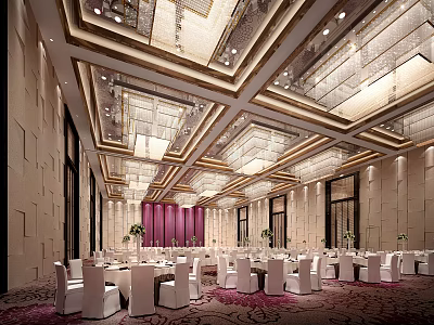 Elegant Banquet Hall Interior With Ornate Ceiling Chandeliers White Chairs And Pink Backdrop Setup 3d model